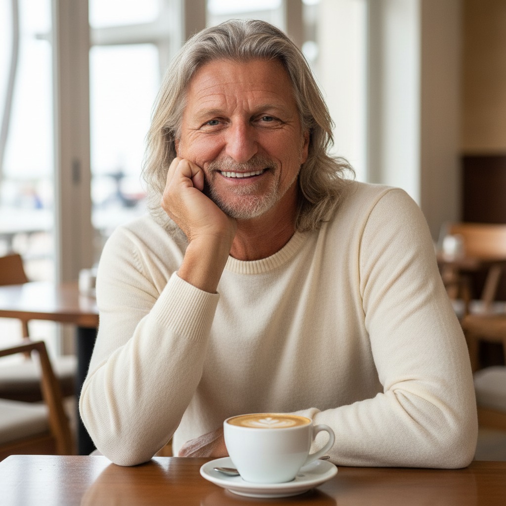 Rob Witty smiling over a cup of coffee